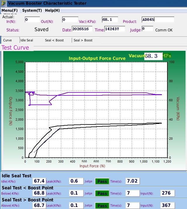 Vacuum booster characteristic tester readout for AD845 showing all seal stages pass
